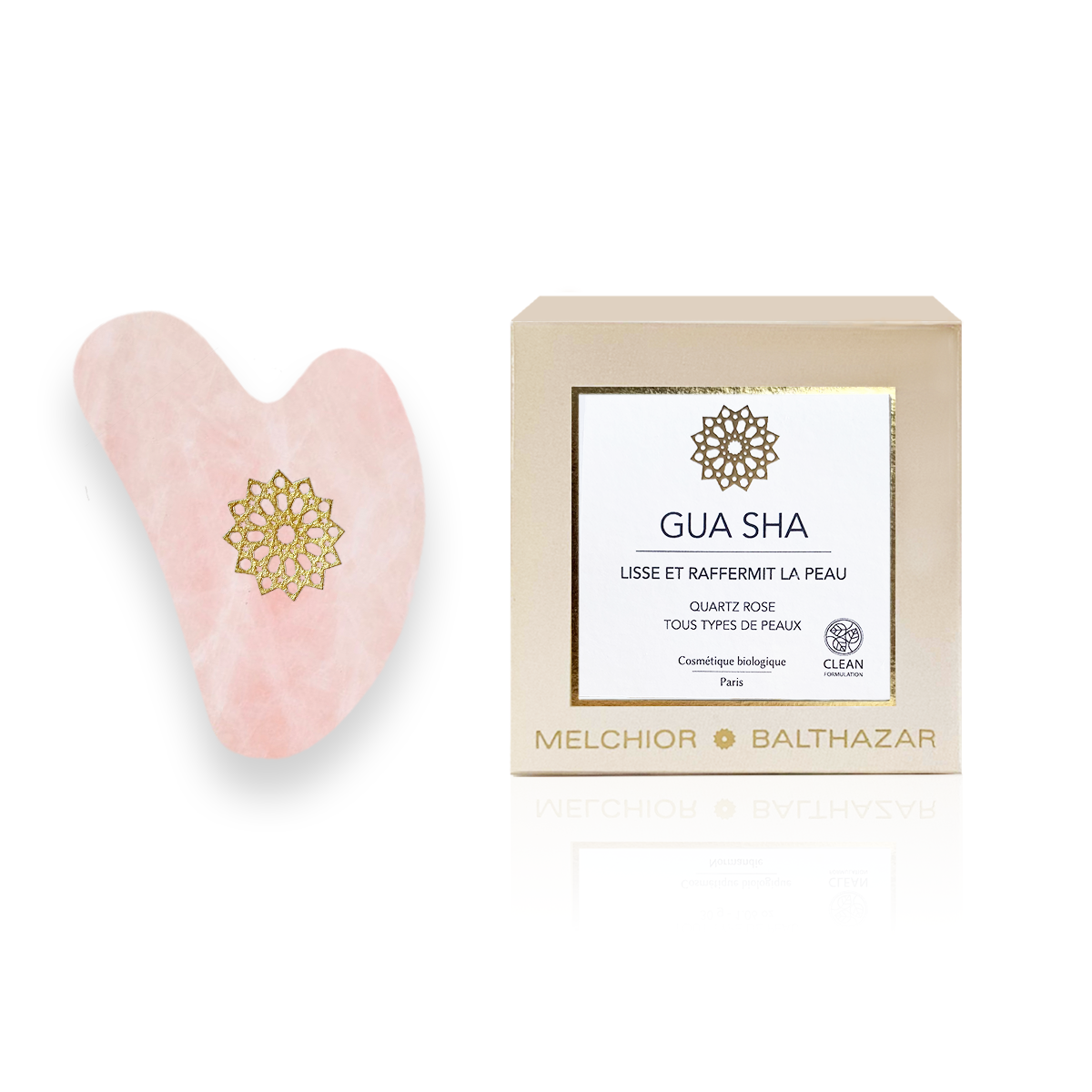 Gua Sha Quartz Rose Melchior & Balthazar, outil naturel de massage du visage, idéal pour lisser la peau et revitaliser le teint.
