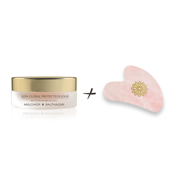 Duo Auto-Massage Melchior & Balthazar avec Soin Global Protecteur Jour 15 ml et Gua Sha en Quartz Rose.