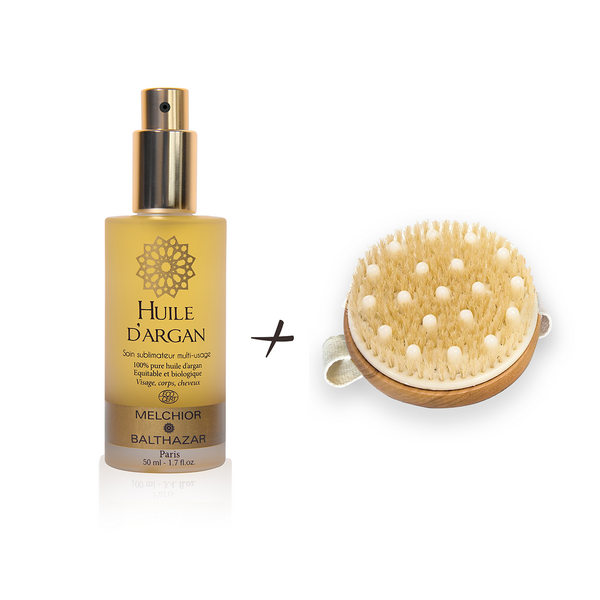 Duo Exfoliation Melchior & Balthazar avec brosse naturelle et huile d’argan pure.