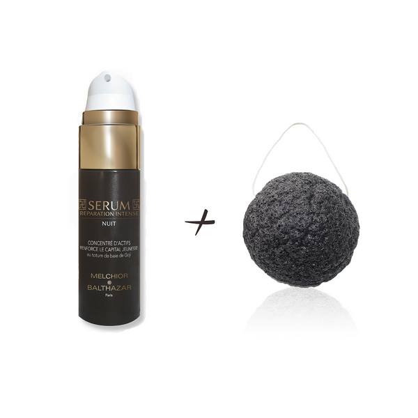 Duo Routine du Soir Melchior & Balthazar avec sérum réparateur et éponge Konjac.